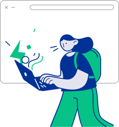 Illustration of a woman typing on a laptop carrying a backpack Illustration of a woman typing on a laptop carrying a backpack
