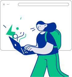 Illustration of a woman typing on a laptop carrying a backpack